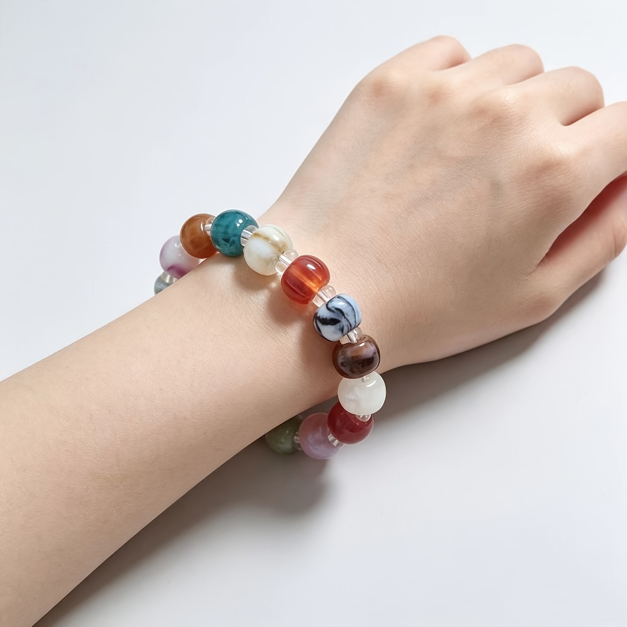 Multi-Color Texture Mixed Elastic Bracelet, Imitation Agate